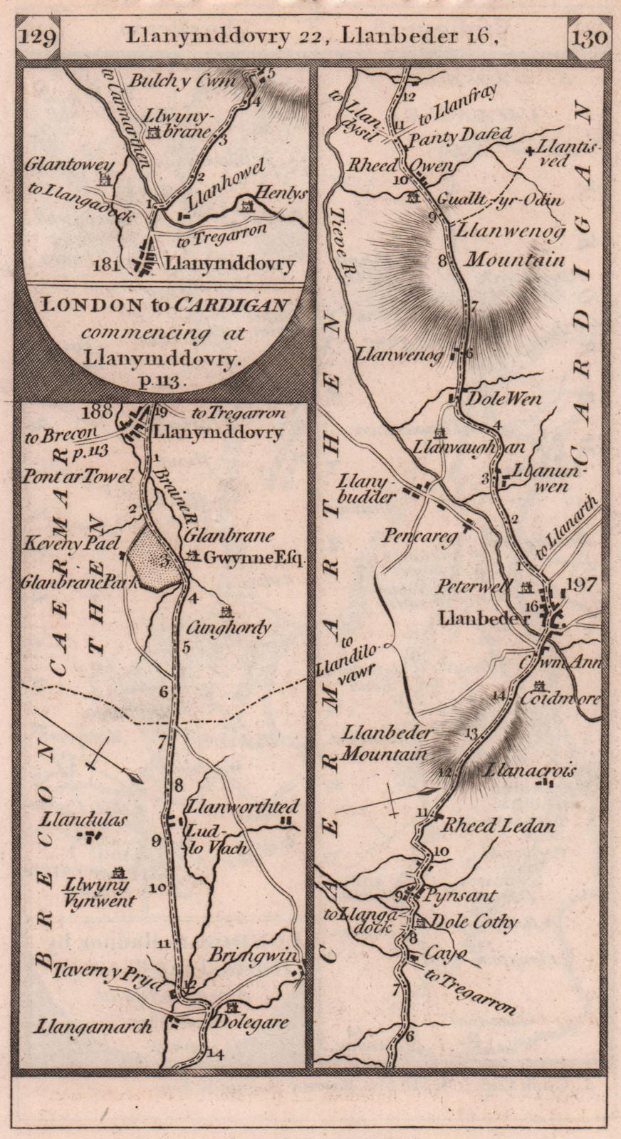 Llandovery. Llandovery - Lampeter road strip map PATERSON 1803 old antique
